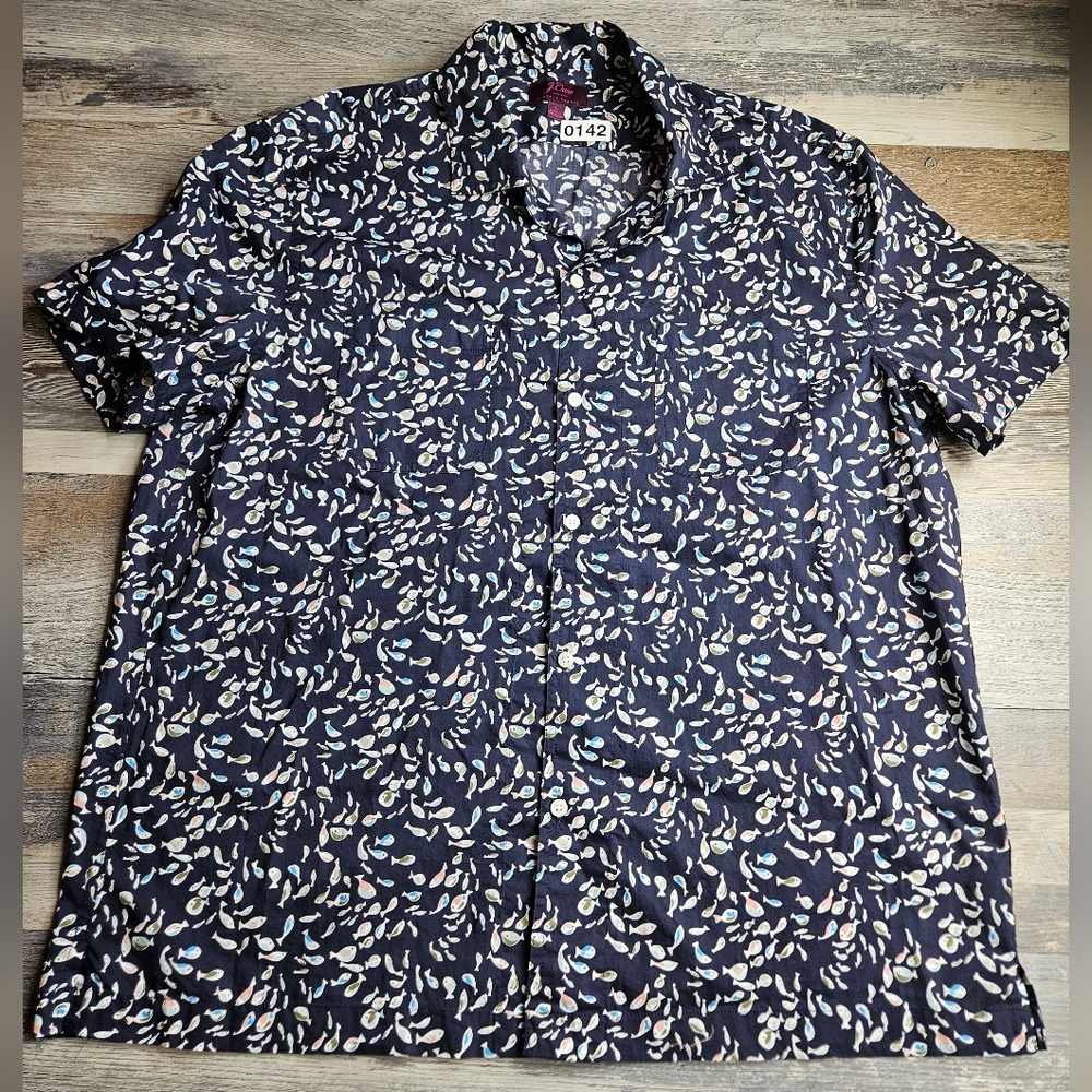 J. Crew X Liberty Fabrics SS Fish Pattern Short Sleeve Button Down Large